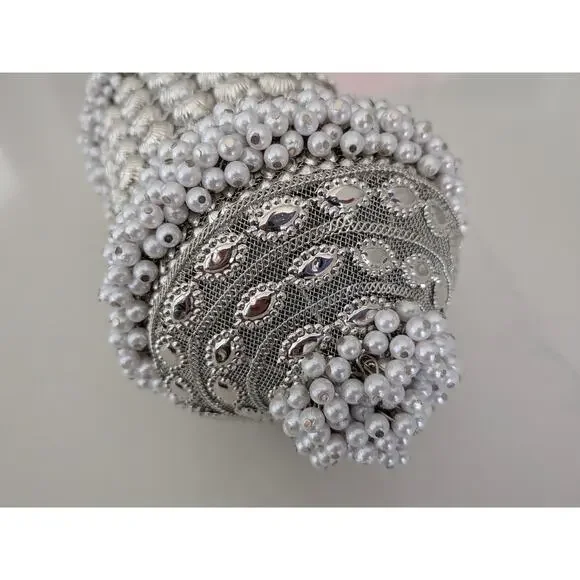 Ramla Cocktail Pearl Handmade Beaded Bag Silver Evening Clutch Purse Handbag - Picture 3 of 9